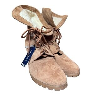 Nautica Women's Faux Suede Wedge Ankle Booties Tan Lace Up Lug Sole Size 10